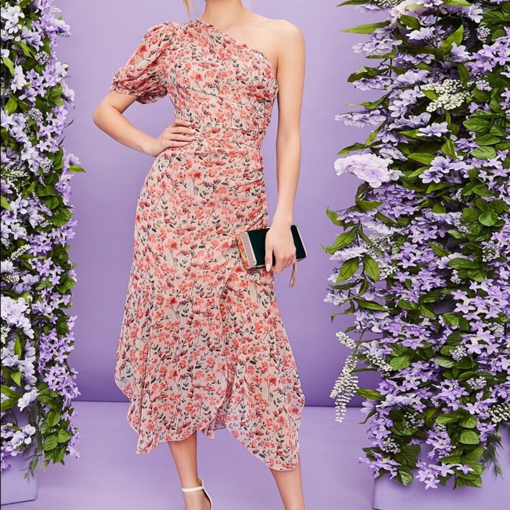One Shoulder Ruched Ruffle Hem Floral Dress